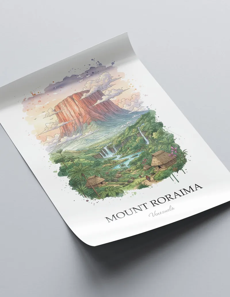 Framed wall art featuring Mount Roraima in Venezuela in a light wood frame leaning on the floor.