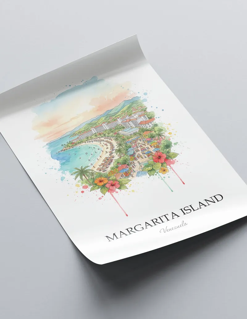 Framed wall art featuring Margarita Island in Venezuela in a light wood frame leaning on the floor.