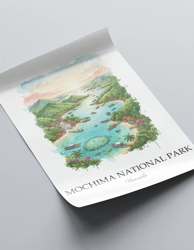Framed wall art featuring Mochima National Park in Venezuela in a light wood frame leaning on the floor.
