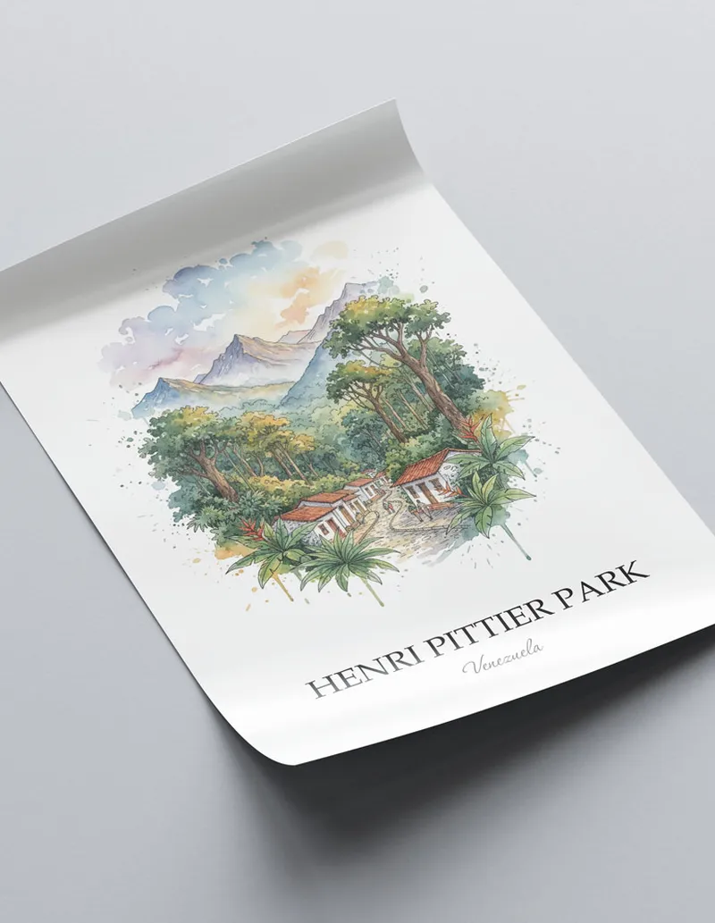 Framed wall art featuring Henri Pittier Park in Venezuela in a light wood frame leaning on the floor.