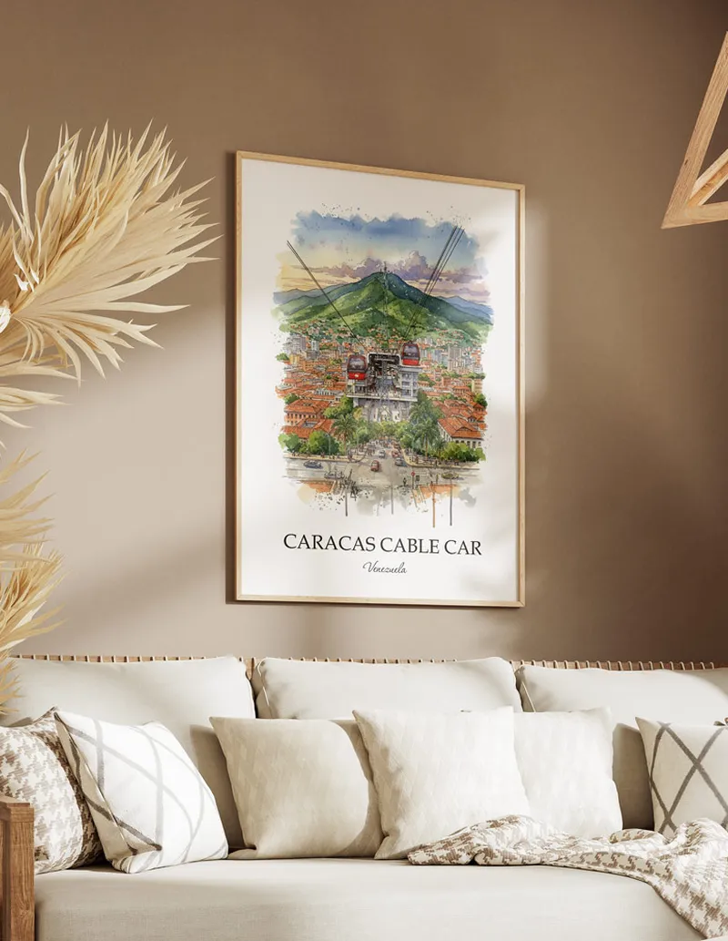 A gorgeous boho-inspired living space with a framed vintage travel poster of Caracas Cable Car in Venezuela on display.