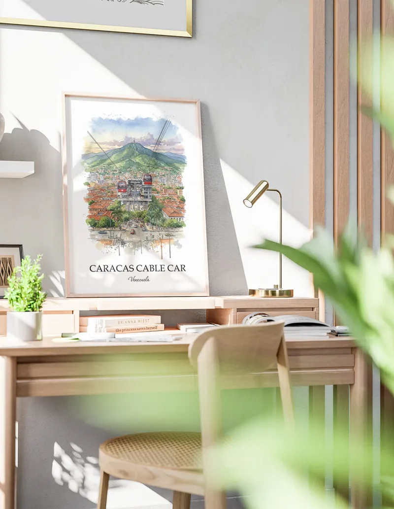 A clean and modern mockup showing a framed Caracas Cable Car, Venezuela print on a minimalist background.