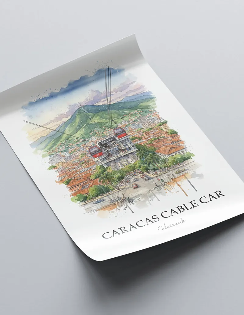 Framed wall art featuring Caracas Cable Car in Venezuela in a light wood frame leaning on the floor.