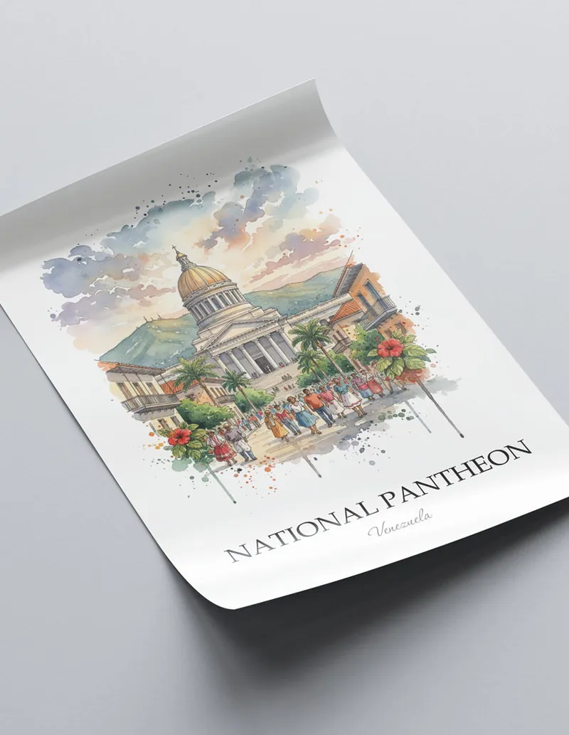 Framed wall art featuring National Pantheon in Venezuela in a light wood frame leaning on the floor.