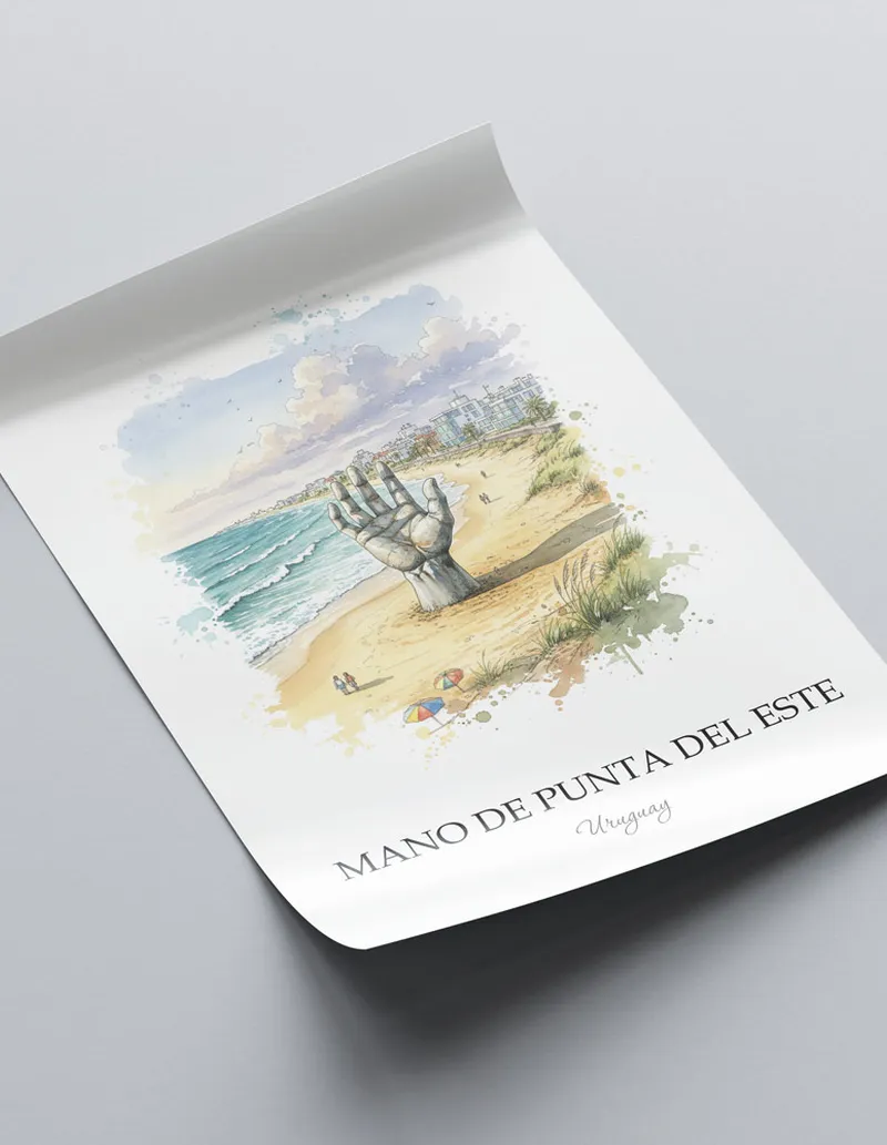 Framed wall art featuring Mano de Punta del Este in Uruguay in a light wood frame leaning on the floor.