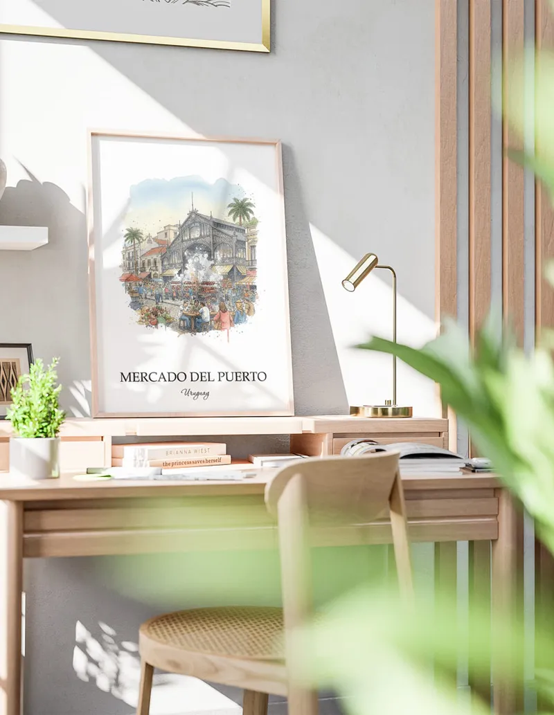 A clean and modern mockup showing a framed Mercado del Puerto, Uruguay print on a minimalist background.