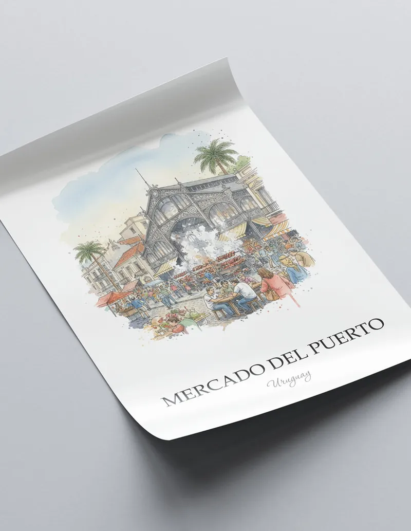 Framed wall art featuring Mercado del Puerto in Uruguay in a light wood frame leaning on the floor.