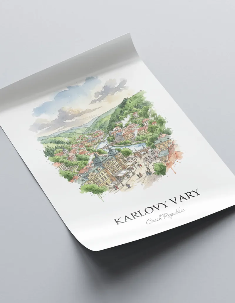A close-up of a high-quality paper print featuring the Karlovy Vary in Czech Republic minimalist design.