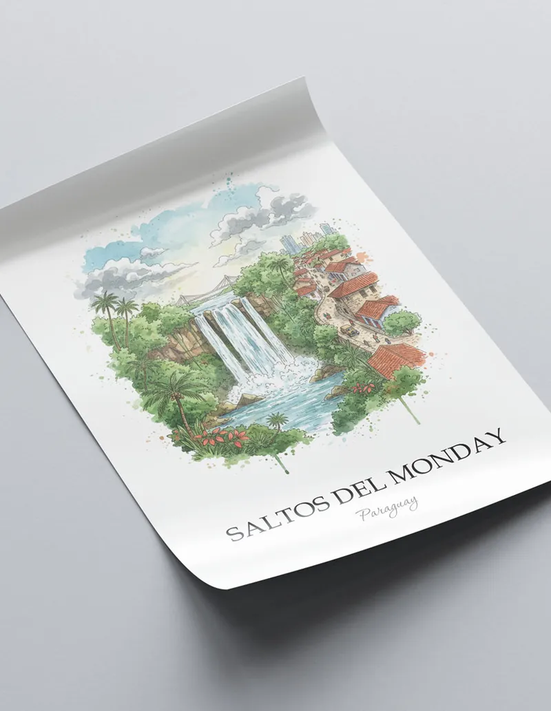 Framed wall art featuring Saltos del Monday in Paraguay in a light wood frame leaning on the floor.