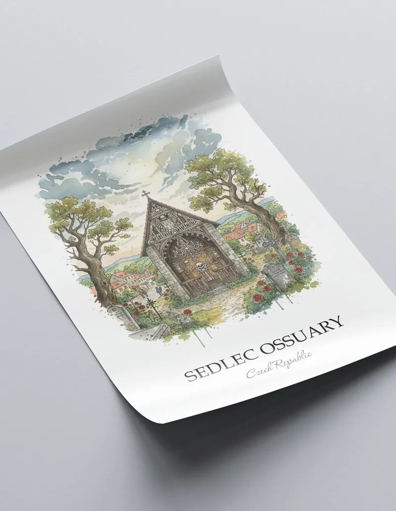 A close-up of a high-quality paper print featuring the Sedlec Ossuary in Czech Republic minimalist design.