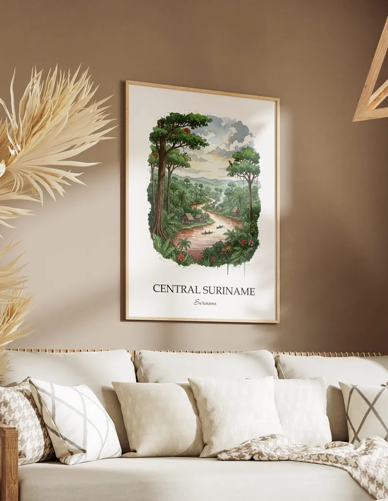 A gorgeous boho-inspired living space with a framed vintage travel poster of Central Suriname in Suriname on display.