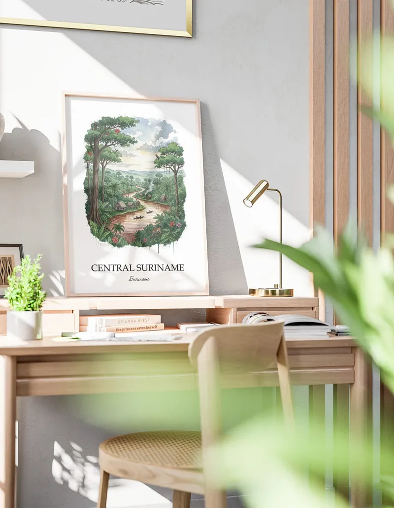 A clean and modern mockup showing a framed Central Suriname, Suriname print on a minimalist background.