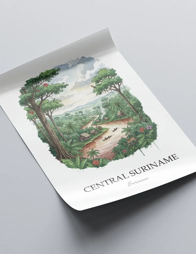 Framed wall art featuring Central Suriname in Suriname in a light wood frame leaning on the floor.