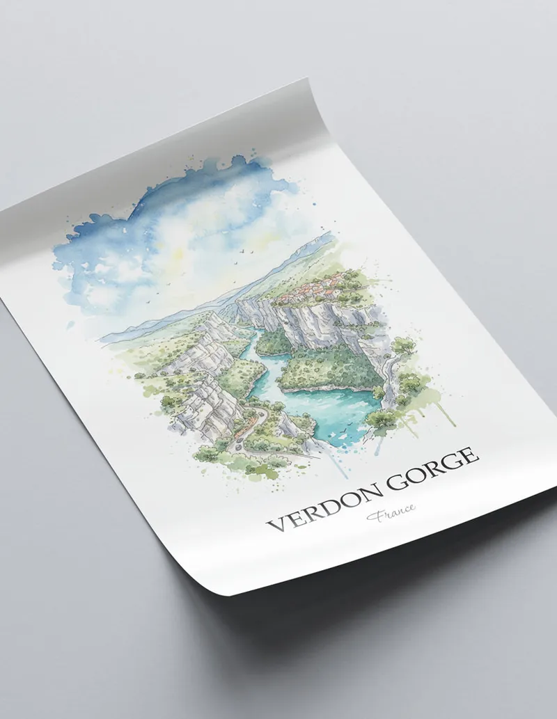 A close-up of a high-quality paper print featuring the Verdon Gorge in France minimalist design.