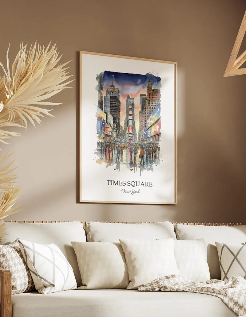 A gorgeous boho-inspired living space with a framed vintage travel poster of Times Square in New York on display.
