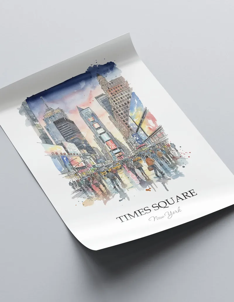 Framed wall art featuring Times Square in New York in a light wood frame leaning on the floor.
