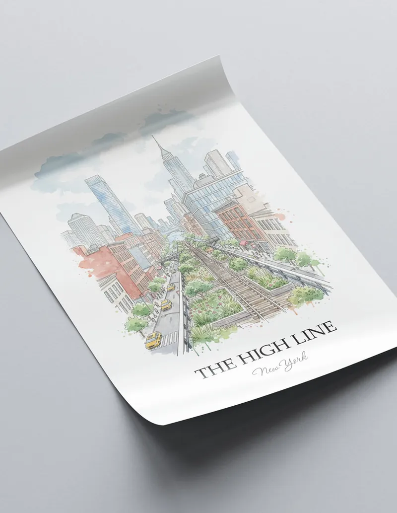 Framed wall art featuring The High Line in New York in a light wood frame leaning on the floor.