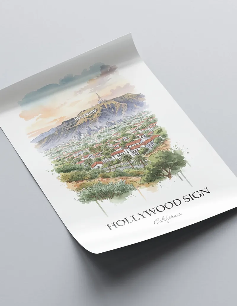 Framed wall art featuring Hollywood Sign in California in a light wood frame leaning on the floor.
