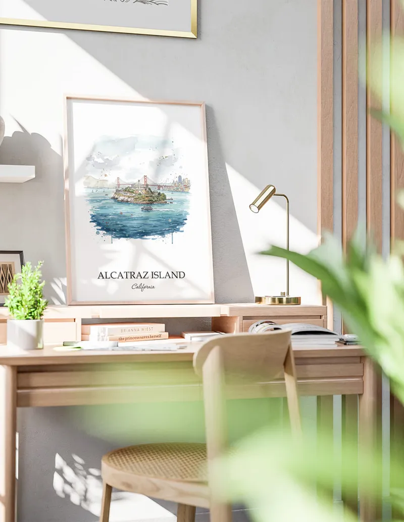 A clean and modern mockup showing a framed Alcatraz Island, California print on a minimalist background.