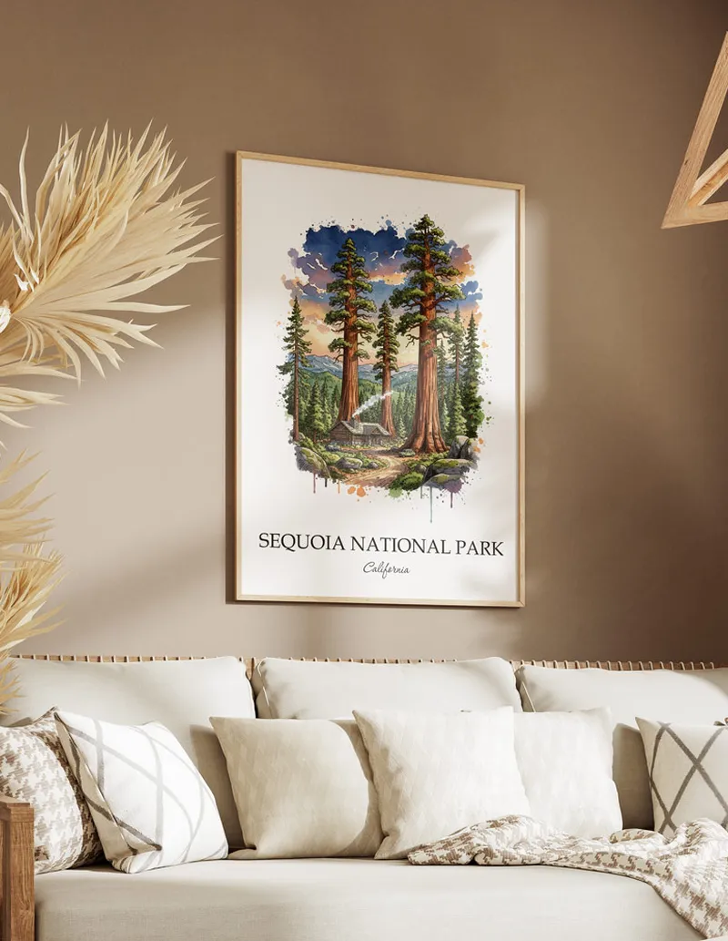 A gorgeous boho-inspired living space with a framed vintage travel poster of Sequoia National Park in California on display.