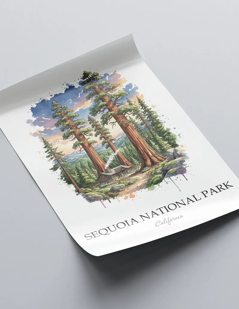 Framed wall art featuring Sequoia National Park in California in a light wood frame leaning on the floor.