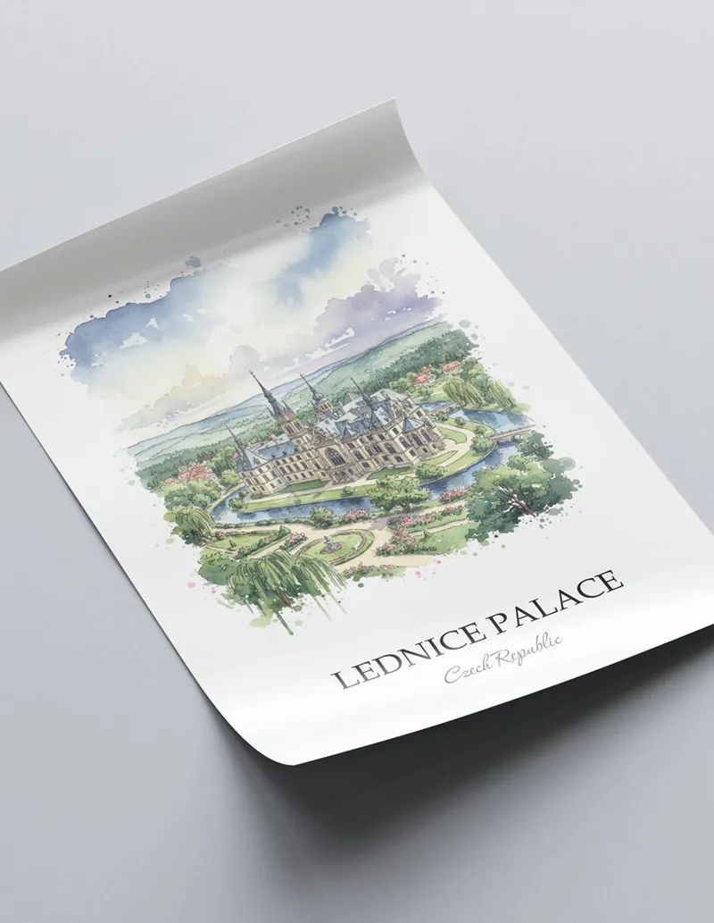 A close-up of a high-quality paper print featuring the Lednice Palace in Czech Republic minimalist design.