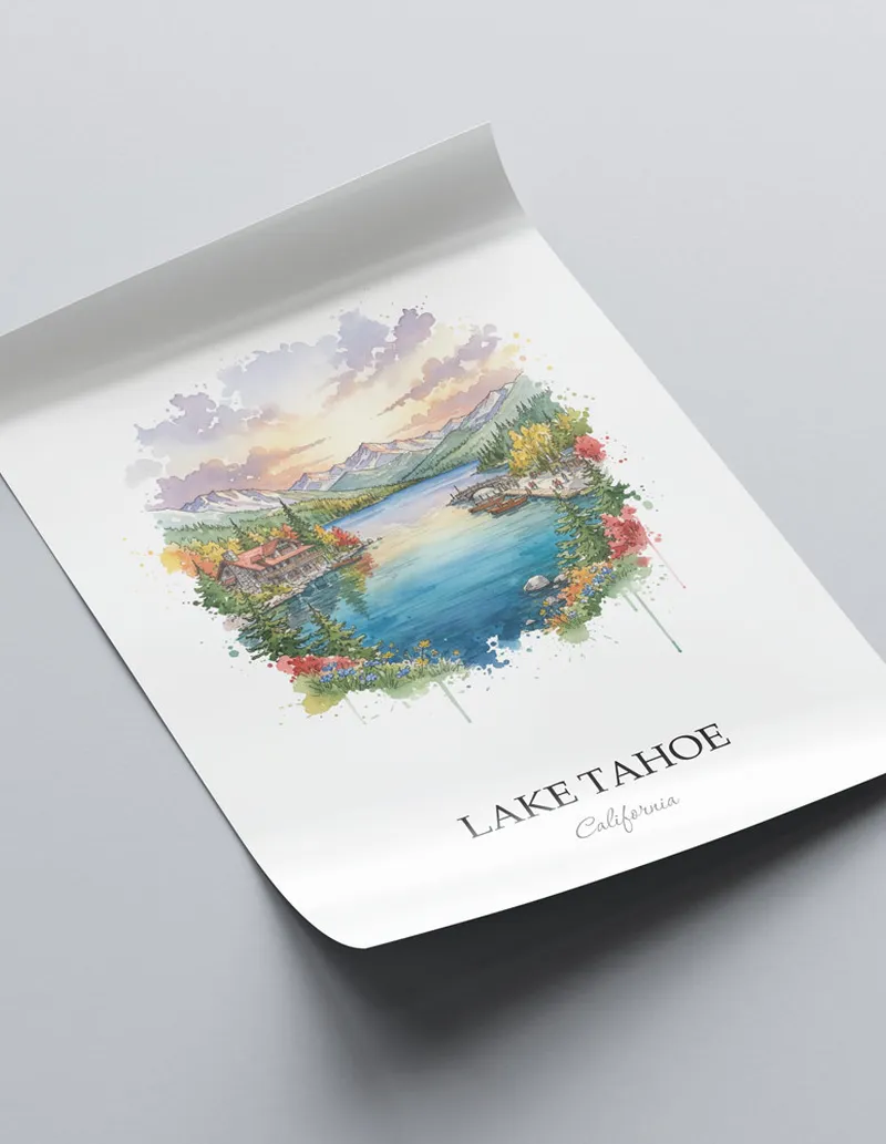 Framed wall art featuring Lake Tahoe in California in a light wood frame leaning on the floor.