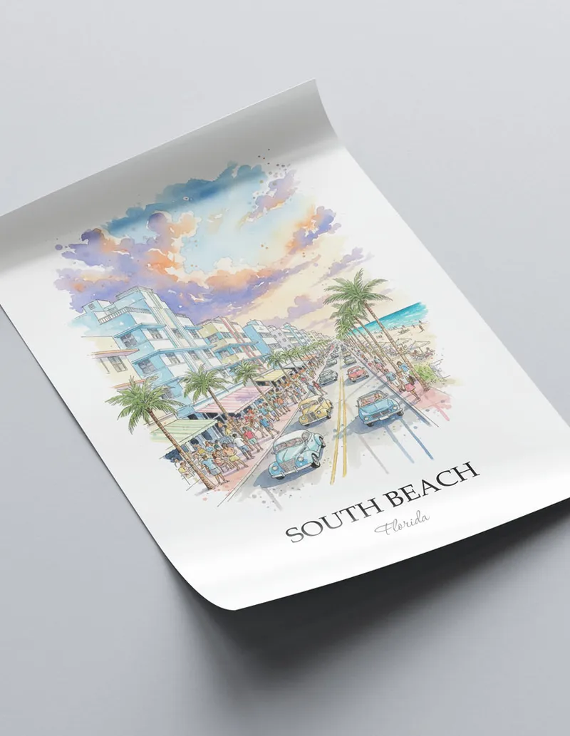 Framed wall art featuring South Beach in Florida in a light wood frame leaning on the floor.