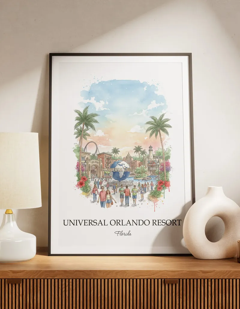 Minimalist poster of Universal Orlando Resort in Florida in a light frame standing by a window in a boho style room.