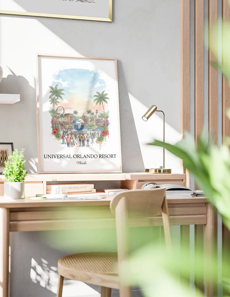 A clean and modern mockup showing a framed Universal Orlando Resort, Florida print on a minimalist background.