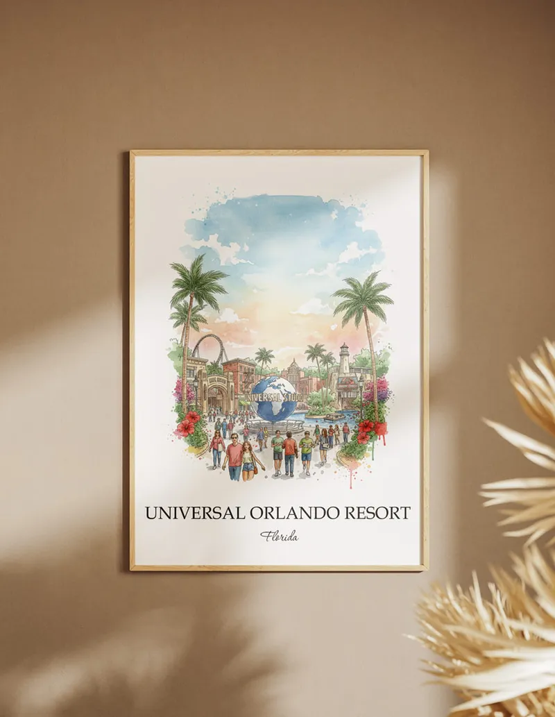 A close-up of a high-quality paper print featuring the Universal Orlando Resort in Florida minimalist design.