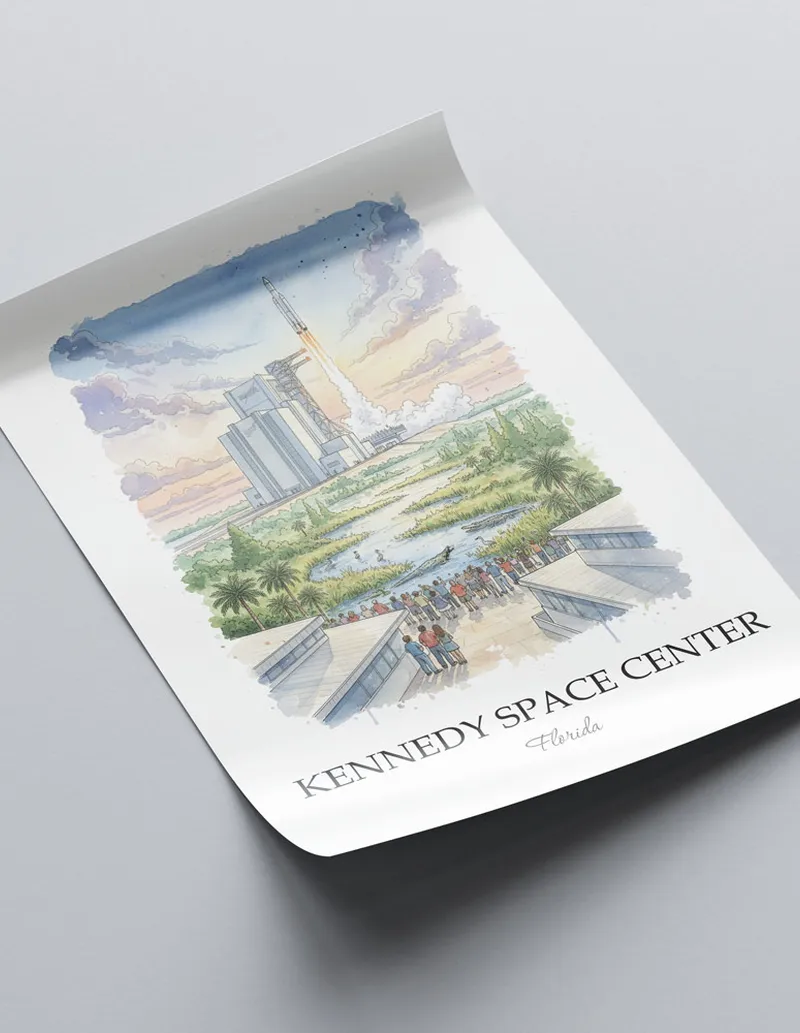 Framed wall art featuring Kennedy Space Center in Florida in a light wood frame leaning on the floor.
