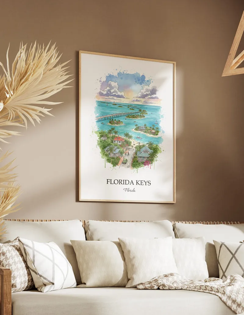 A gorgeous boho-inspired living space with a framed vintage travel poster of Florida Keys in Florida on display.
