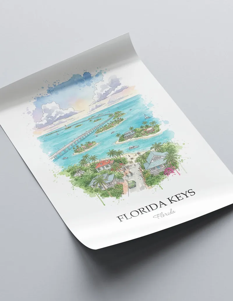 Framed wall art featuring Florida Keys in Florida in a light wood frame leaning on the floor.