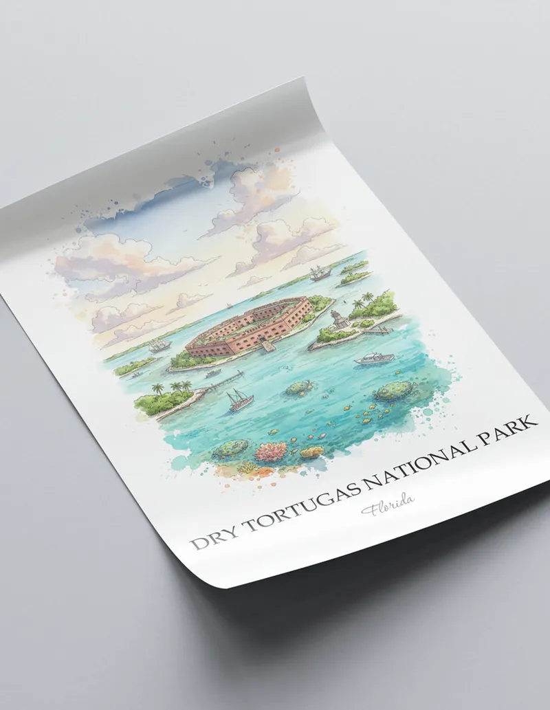 Framed wall art featuring Dry Tortugas National Park in Florida in a light wood frame leaning on the floor.