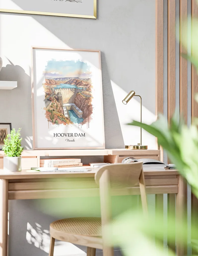A clean and modern mockup showing a framed Hoover Dam, Nevada print on a minimalist background.