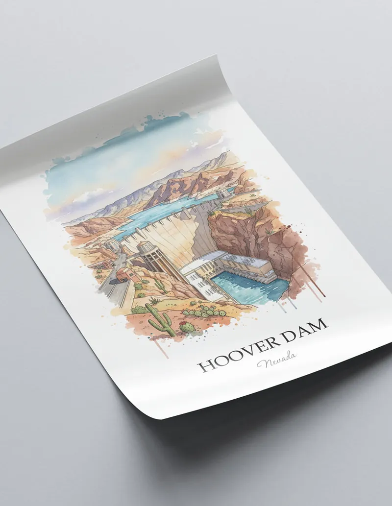 Framed wall art featuring Hoover Dam in Nevada in a light wood frame leaning on the floor.