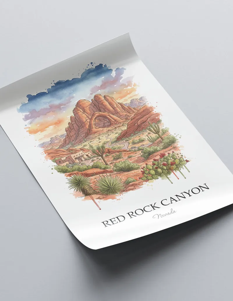 Framed wall art featuring Red Rock Canyon in Nevada in a light wood frame leaning on the floor.