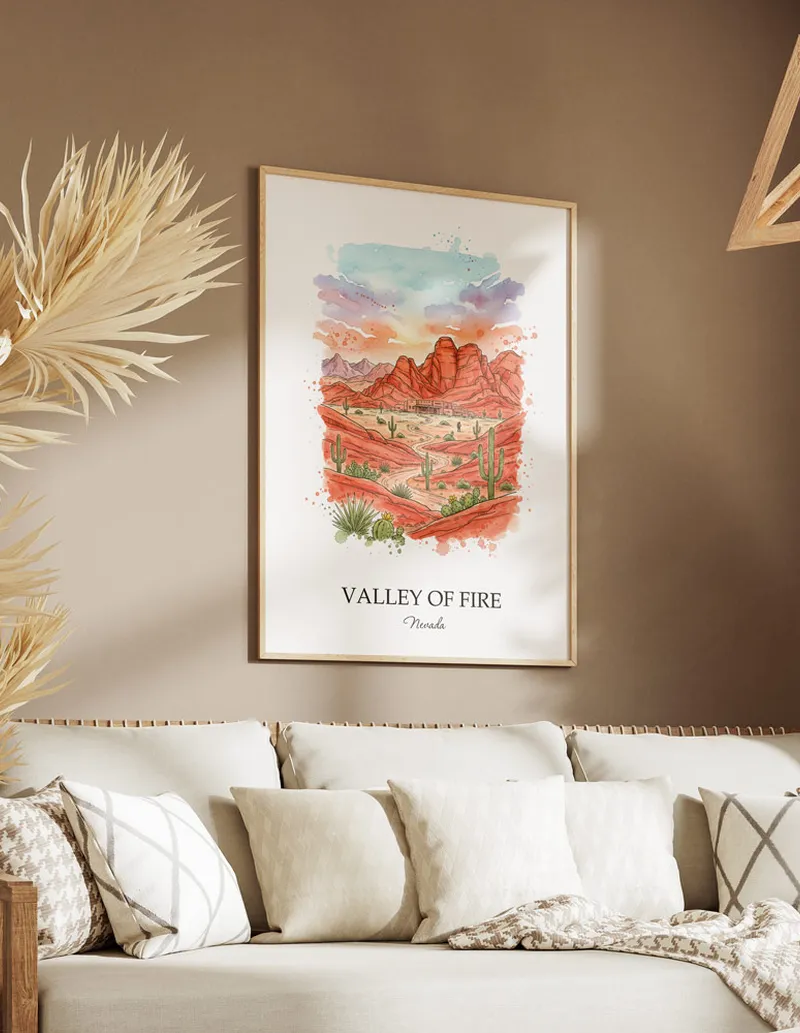 A gorgeous boho-inspired living space with a framed vintage travel poster of Valley of Fire in Nevada on display.