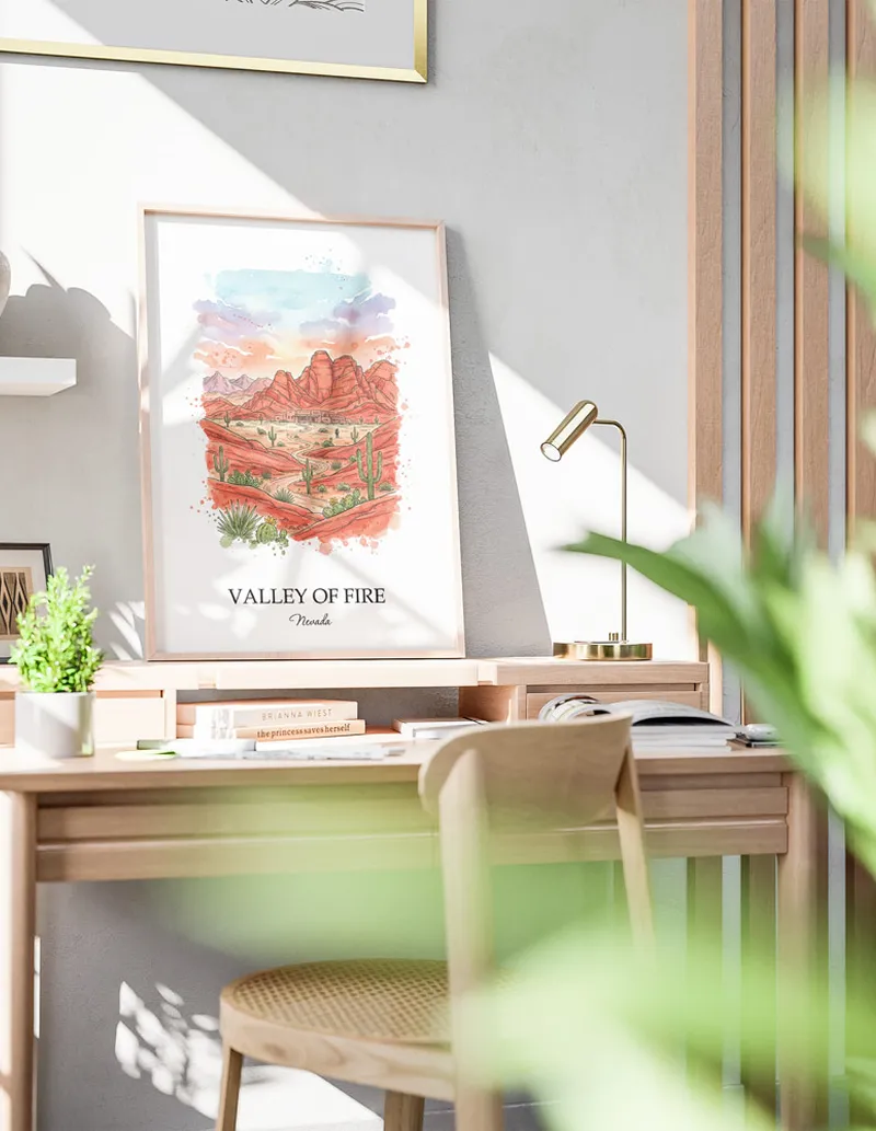 A clean and modern mockup showing a framed Valley of Fire, Nevada print on a minimalist background.