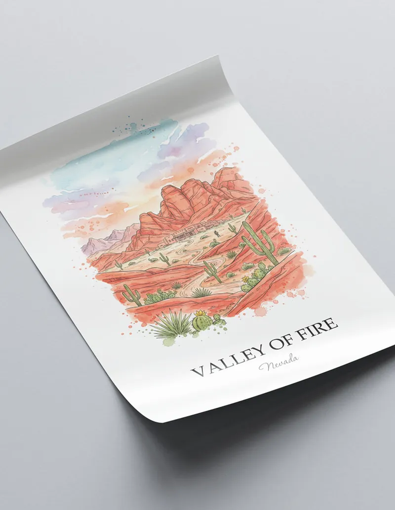 Framed wall art featuring Valley of Fire in Nevada in a light wood frame leaning on the floor.