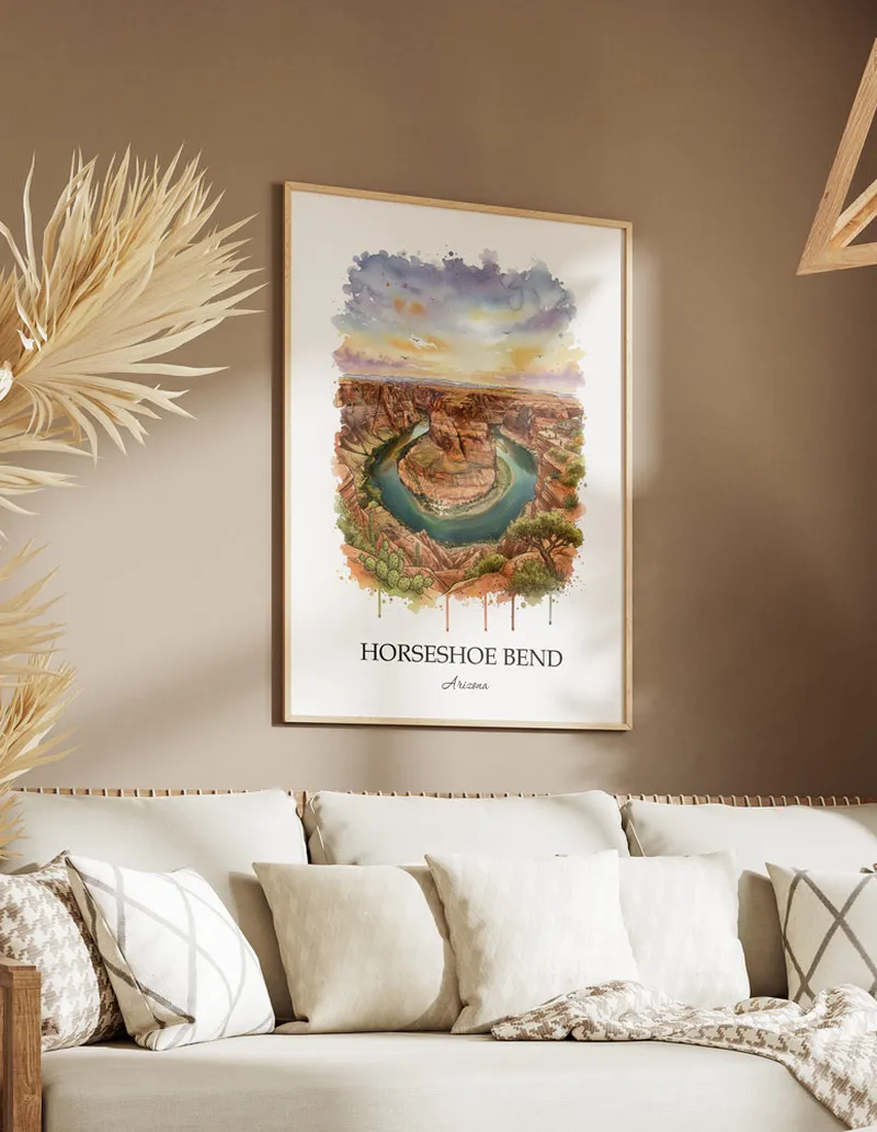 A gorgeous boho-inspired living space with a framed vintage travel poster of Horseshoe Bend in Arizona on display.