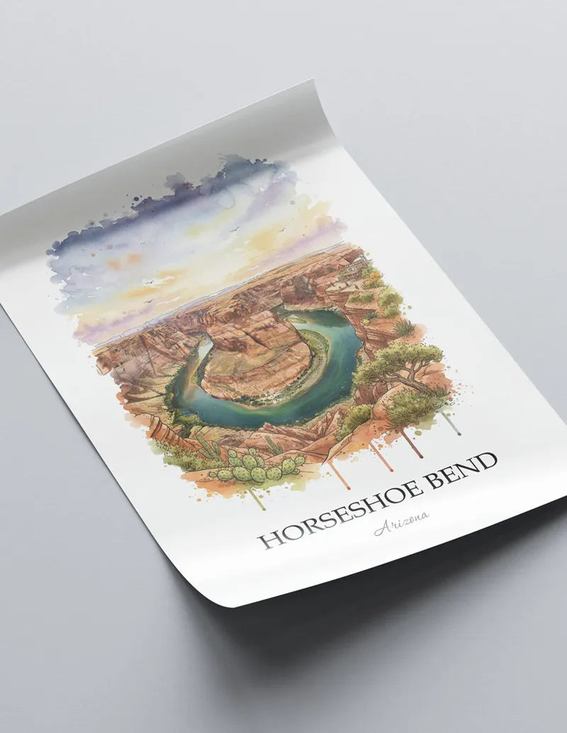 Framed wall art featuring Horseshoe Bend in Arizona in a light wood frame leaning on the floor.