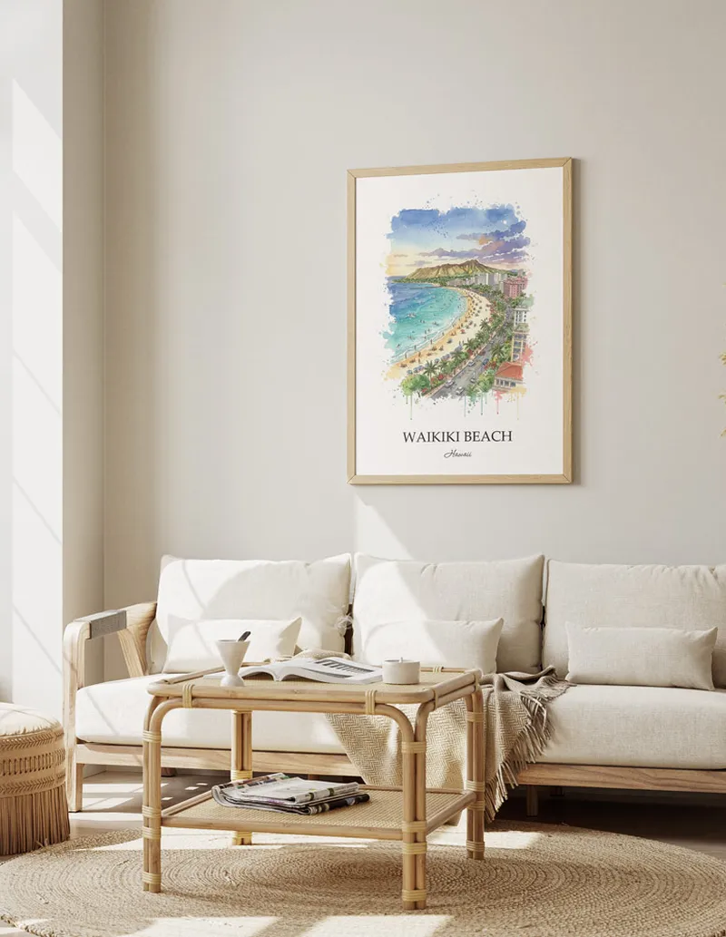 Vintage travel poster of Waikiki Beach, Hawaii in a light frame displayed above a sofa in a bright boho interior.
