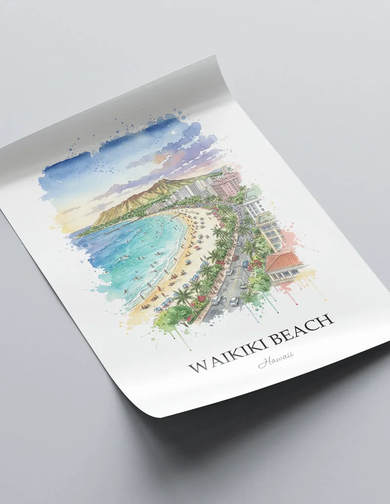 Framed wall art featuring Waikiki Beach in Hawaii in a light wood frame leaning on the floor.