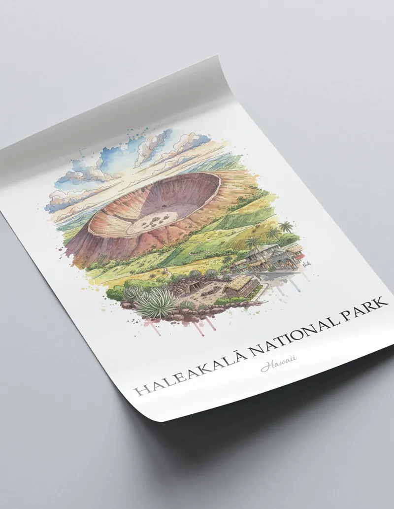 Framed wall art featuring Haleakal_ National Park in Hawaii in a light wood frame leaning on the floor.