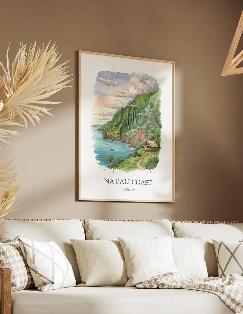 A gorgeous boho-inspired living space with a framed vintage travel poster of N_ Pali Coast in Hawaii on display.
