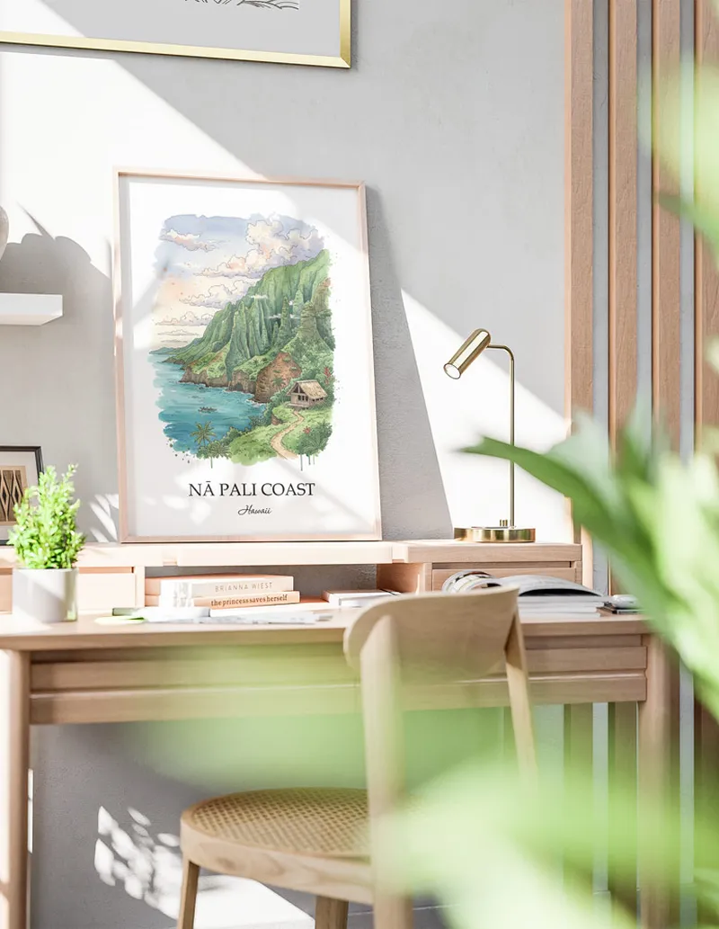 A clean and modern mockup showing a framed N_ Pali Coast, Hawaii print on a minimalist background.