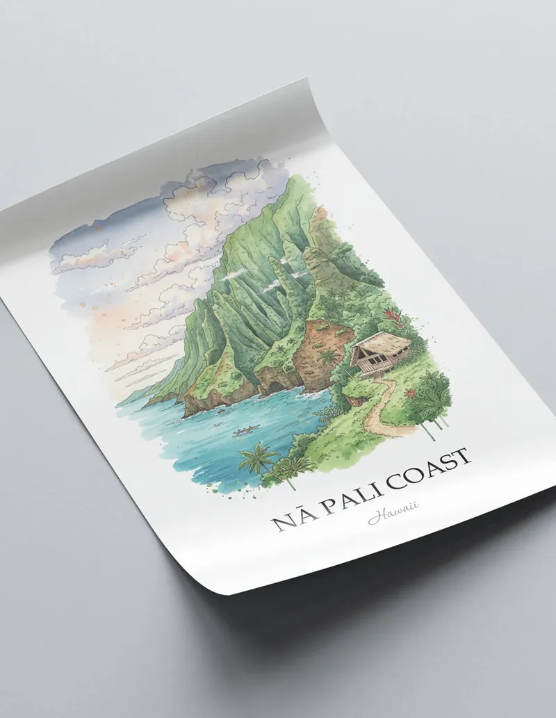 Framed wall art featuring N_ Pali Coast in Hawaii in a light wood frame leaning on the floor.