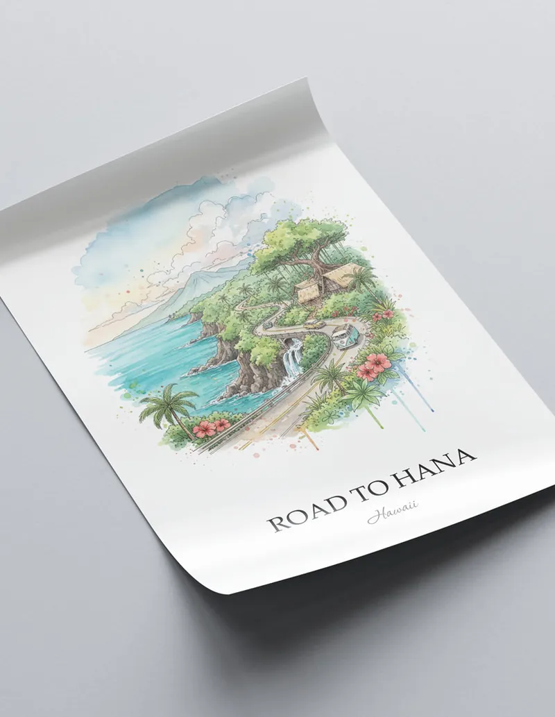 Framed wall art featuring Road to Hana in Hawaii in a light wood frame leaning on the floor.